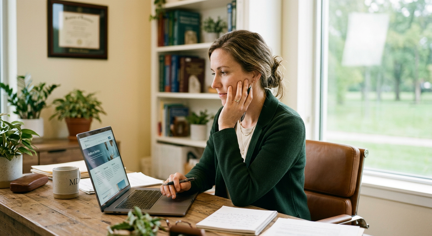 A medical director reviewing her practice's website copy before it goes live